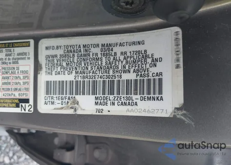 2004 Toyota Corolla Le z USA, uszkodzony, nr VIN 2T1BR32E74C302518